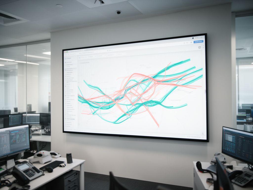 Premium aerial view of a route optimisation dashboard displayed on a wall-mounted screen in a bright control room