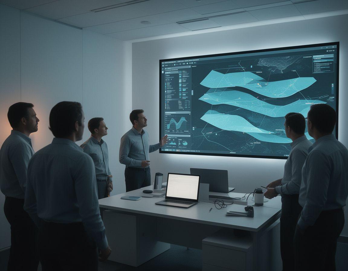 Team members examining layered map analytics on a large display in a softly lit operations room