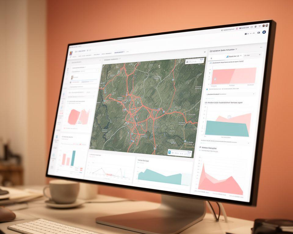 Analyst dashboard showing land use predictions, route overlays and extracted terrain features in a warm workspace