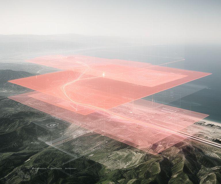 Processed satellite map with layered route intelligence over a coastal logistics corridor