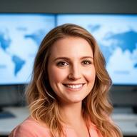 Portrait of Roze Mccalliog smiling in a modern operations office with map displays behind her